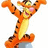Tigger character in orange and black stripes with yellow belly, arms raised on white background, surrounded by text elements.