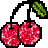Pixelated cherry cluster with two cherries per stem, green leaves, and black outlines on gray background.