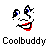 Pixelated cartoon face with exaggerated features and red mouth, below which is the text "Coolbuddy" in blocky font on gray background.