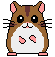 Pixel art hamster with brown and white fur, pink inner ears, and black whiskers, shown in two sequential poses with one foot raised.