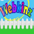 Pixelated graphic with colorful text 'Webkinz' above a white picket fence on green grass under blue sky.