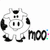 Pixelated cow icon with black spots and text 'moo' on white background, followed by same cow with text 'i am not a cow', then a dress-shaped tank top with text.