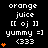 Pixel art icon with black background displaying white text "orange juice [[ oj ]] yummy =] <333" and orange heart symbols that animate in quantity across observations.