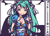 Pixel art of a character with long green hair and blue eyes, wearing a blue outfit with white accents, making a peace sign gesture.