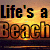 Animated beach scene with 'Life's a Beach' text over sunset sky, showing sequential color shifts in the background and text.