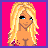 Pixelated image of a blonde woman with blue eyes, pink top, and white pants on bright pink background.
