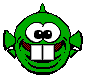 Green cartoon character with large white eyes, black pupils, and two square teeth; red inner mouth details visible in both static frames.