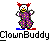 Pixelated clown figure with red hair, white face, yellow mouth, purple polka-dot outfit, blue and red shoes, standing against gray background with 'ClownBuddy' text below.