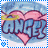 Pixelated animated buddy icon featuring a pink heart-shaped angel with blue text 'ANGEL' and yellow ribbon against light blue sky background, displayed as two sequential frames in contact sheet layout.