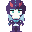 Pixel art character with purple hair and blue accents, shown in two side-by-side poses with subtle facial expression differences.