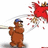 Pixelated cartoon character in brown outfit and blue cap swings bat at red object, sending fragments flying against white background with blue text