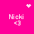 Pixelated pink background with four identical 'Nicki <3' text blocks and three distinct white pixel symbols at top corners and center.