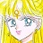 Pixelated anime-style face with large blue eyes, pink lips, and yellow hair against a yellow background.