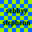 Blue and green checkered background with repeated text 'sebbyy' and 'stephenn' in dark font, showing pixelated animation effects.