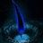 A pixelated blue and black vertical shape with a glowing base against a dark background.