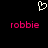 A static pixel art image with a white heart outline at the top center, two instances of pink text 'robbie' below it on black background.