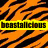 Nine distinct color variations of a tiger-stripe pattern with the word 'beastalicious' displayed in matching colored text boxes across each section.