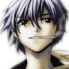 Anime-style character with silver hair and red eyes holding a cigarette, shown in two