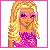 Pixelated image of a person with long blonde hair wearing a purple dress and pink sunglasses against a light background.