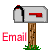 Pixelated mailbox icon with red flag, brown post, green grass, and red text labels 'Email' or 'Me' on gray background.