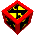 Red and yellow 3D cube with black X symbols on each face, rotating through multiple angles in a