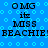 Blue background with light blue circular patterns and a wavy line, featuring repeated text "OMG itz MISS BEACHIE! BEACHIE!" in black pixelated font.