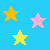 Pixelated star icons in yellow, pink, white, light blue, and purple arranged on a solid cyan background.