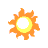 Pixelated sun icon with orange and yellow rays surrounding a white circular center on gray background.
