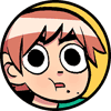Cartoon-style circular icon of a character with large eyes, pink hair, and yellow background border.