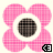 A 3x3 contact sheet of a pink flower-shaped animated icon with a checkered center and small black-and-white arrow symbols in the bottom-right corner of each frame.
