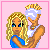 Pixel art animation of two figures dancing with text "dont mess wit my man" and pink stars appearing across frames on a light pink background.