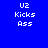 Blue background with white pixelated text reading "U2 Kicks Ass" in two identical vertical