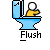 Blue toilet with person in yellow shirt pressing flush handle, white text 'Flush' below, changing from seated to standing position across frames.