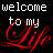 Animated contact sheet of a repeating 48x48 pixel icon showing red cursive 'Life' text over white 'welcome to my' text on black background, with subtle frame-to-frame variations in the 'Life' lettering and small heart symbols appearing at bottom-right corners.