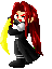 Pixel art character with long red hair, red eyes, and black outfit holding yellow crescent-shaped object against gray background.