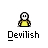A 4x4 contact sheet of a pixel art animation featuring a yellow stick figure with white head and red hand gestures, labeled "Devilish" beneath each frame on a gray background.