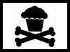 Black and white pixelated icon featuring a cupcake silhouette above crossed bones on a white background with black border.