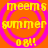 Yellow text on orange background with pink concentric circles, displaying 'meems summer 08!!' in four identical