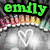 Green 'emily' text above a heart-shaped icon with 'loves' and 'converse' text in purple, featuring a rainbow crown and black-and-white striped background.