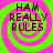 Four identical display 'HAM REALLY RULES' text over green and pink spiral backgrounds with pixelated lettering
