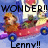 Pixelated cartoon scene with characters in a red vehicle against a blue sky, text overlays change across frames.