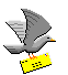 Animated contact sheet of a gray bird with orange feet holding a yellow rectangular object across 11 frames showing flight motion progression from left to right and top to bottom.