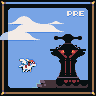 Pixel art scene with blue sky, white clouds, a small flying figure on horseback, and a large dark statue-like structure with red accents.