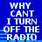 Blue background with white pixelated text repeating 'WHY CAN'T I TURN OFF THE RADIO' in two , each containing four identical lines of text