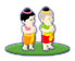 Two pixelated figures stand on a green oval base; one has black hair with pink headband, the other light brown hair with yellow headband.