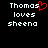 Pixelated text reads "Thomas loves sheena" with a red heart replacing the 's' in Thomas on the left side of the image.