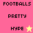 Pixelated text and star icons on a split background with pink, peach, yellow sections; 'FOOTBALLS', 'PRETTY', 'HYPER' repeated