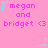 Pixelated pink background with repeated text 'megan and bridget' and star symbols in cyan and gray, animated star color changes.