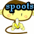 Pixelated cartoon character with brown hair, yellow face, and pink cheeks holding a white object under blue text reading 'spoofs' on black background.