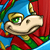 Pixelated cartoon character with green eyes, golden crown, and red cape against blue background.